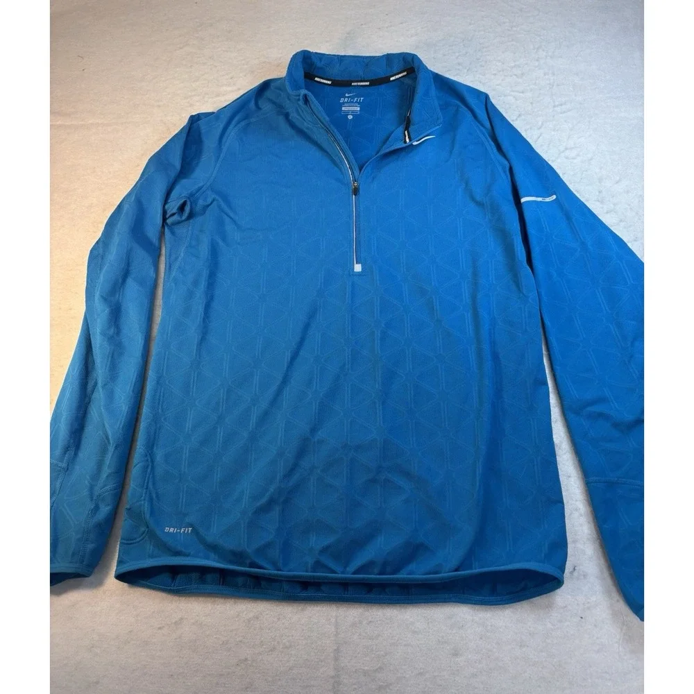 NIKE Running Pullover Men's L Blue 1/4 Zip Jacquard Knit Dri-Fit Reflective Str